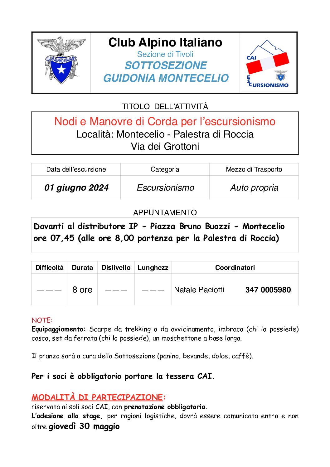 STAGE “NODI E MANOVRE DI CORDA PER L’ESCURSIONISMO” 01 GIUGNO 2024
